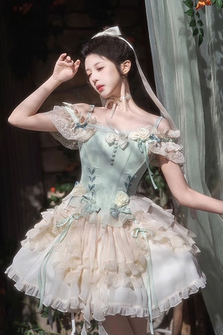 Green Off-Shoulder Bow Lace Ballet Tiered Dress