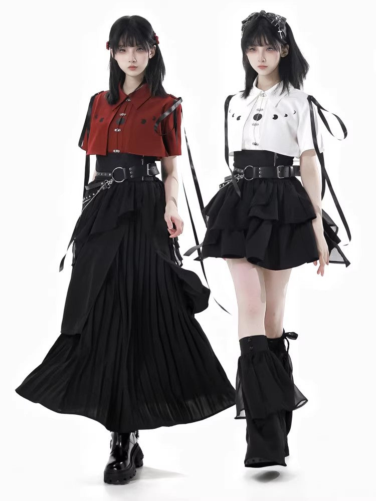 Moonlight Flowing Ruffled Asymmetric Gothic Jirai Kei Skirt Set - White/Black