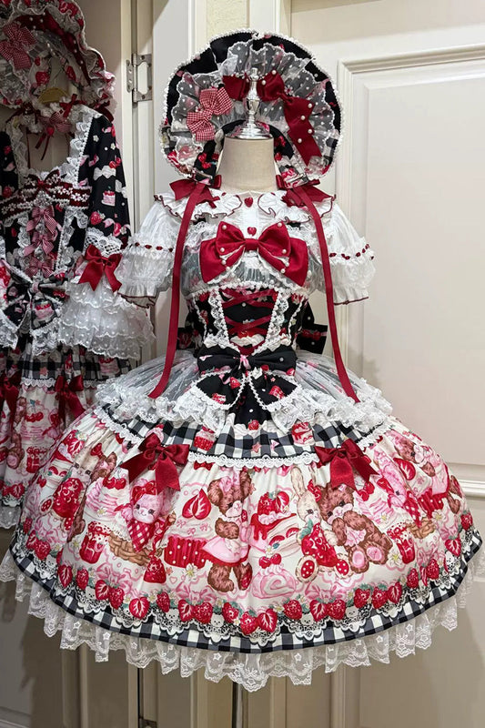 Red/Black Sweet Lolita JSK Dress Printed Bow Lace Lace-Up - Sweet Berry Bunny Bear