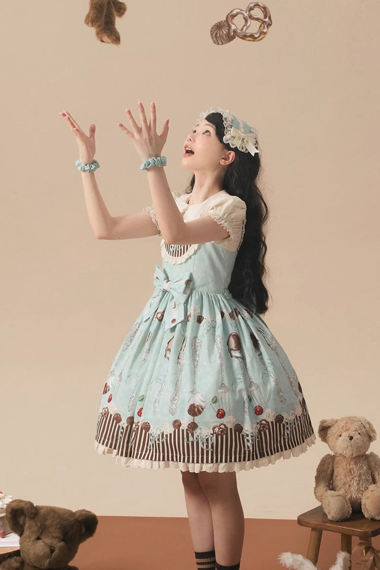 Sleeveless Print Bowknot Sweet Plus Size Lolita Jsk Blue Green