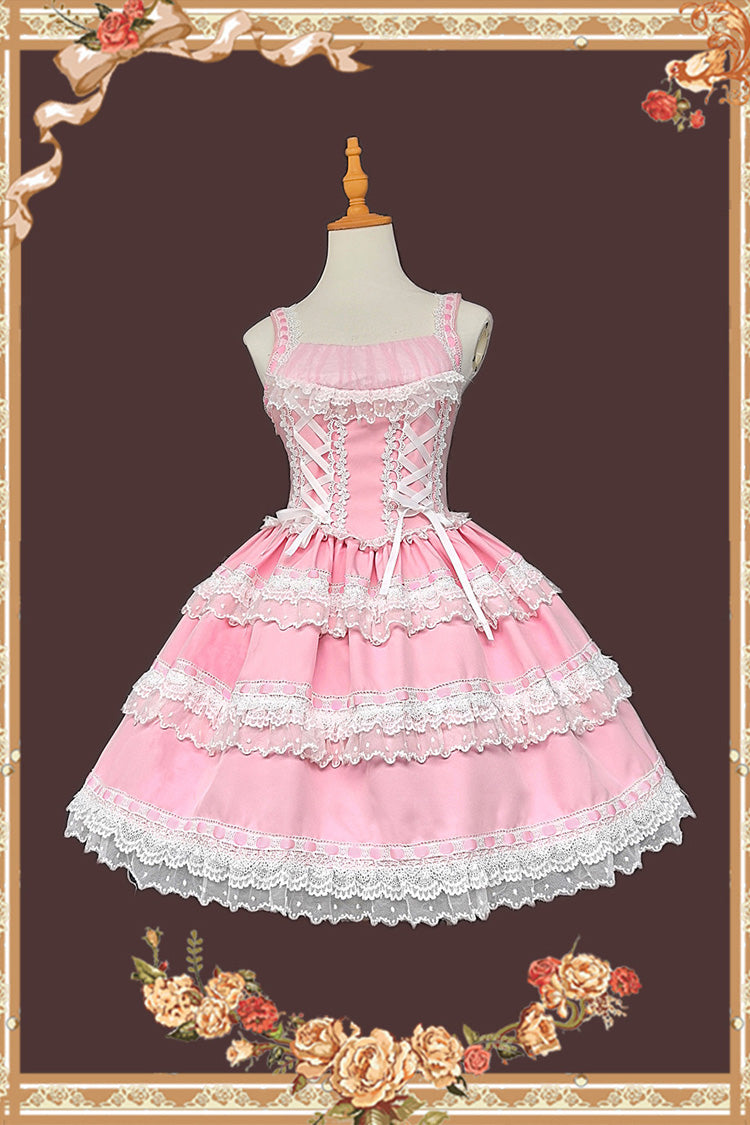 Doll in the Mirror Square Collar Sleeveless Ruffled Lace-Up Sweet Lolita Jsk Dress - Pink/White