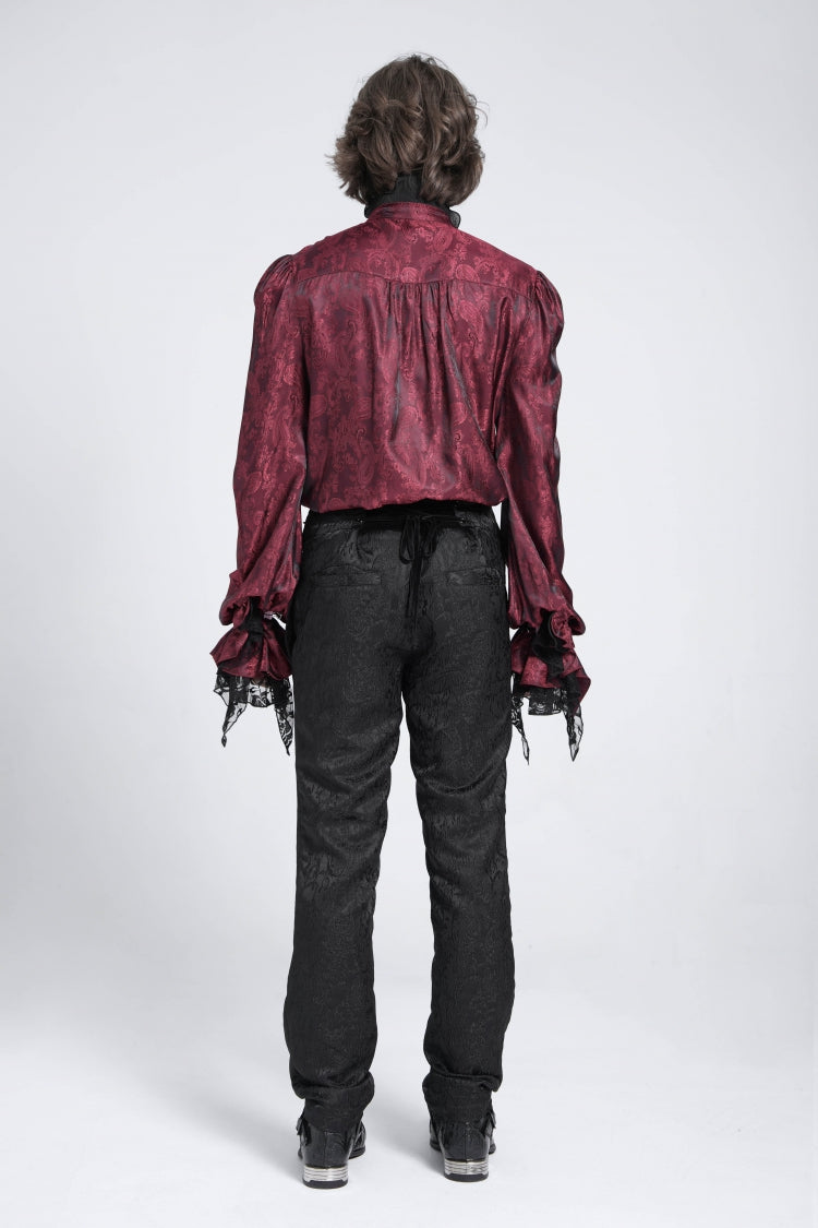 Crimson Puff Sleeve Men's Gothic Shirt with Lace Tie