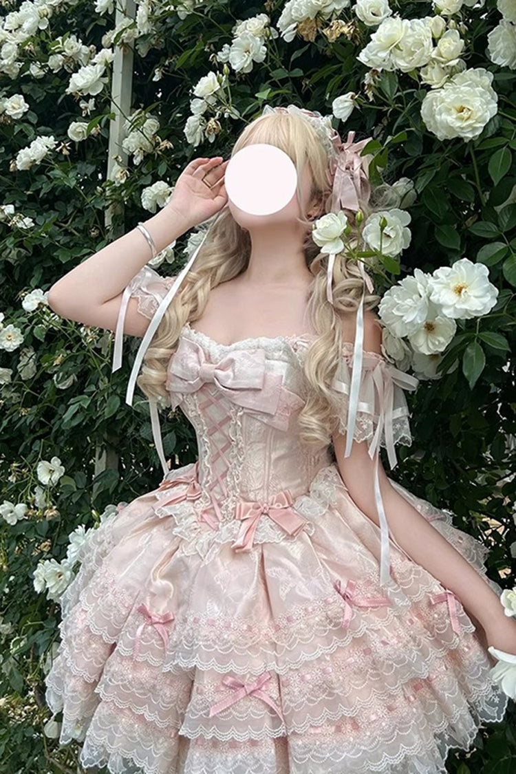 Pink Sleeveless Ruffled Bow Lace-Up Sweet Elegant JSK - Flora Isle Butterfly