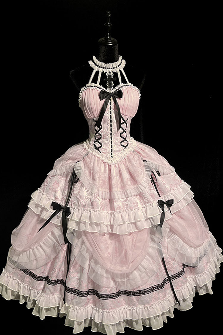 Pink Cross Halterneck Lace-Up Sweet Lolita Dress - Princess Ruffled Bowknot