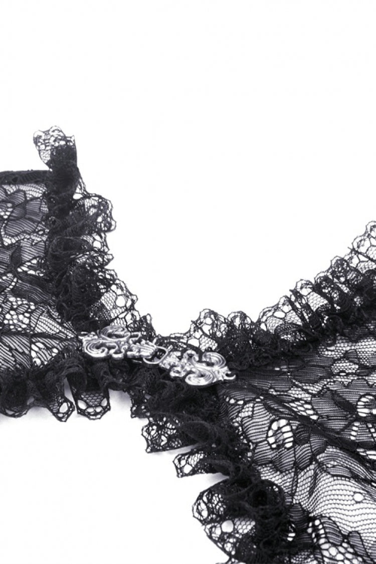Jet-Black Gothic Cape with Flared Sleeves and Ruffled Lace