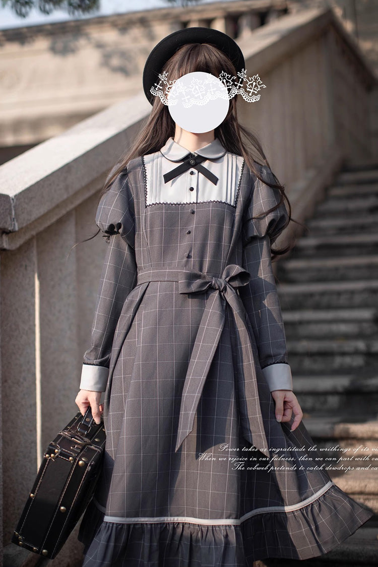 Grey Plaid Print Bow Classic Vintage College Dress