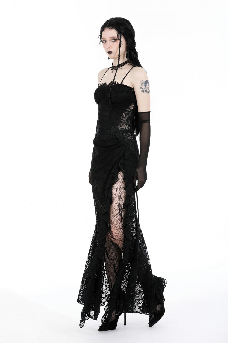 Sleeveless Side Slit Ruffled Lace Lace-Up Gothic Maxi Slip Wedding Dress