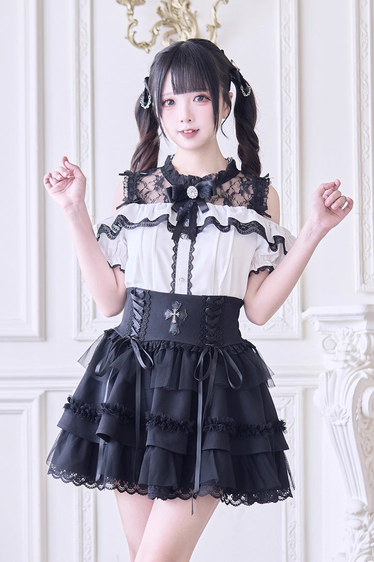 Hollow Bowknot Off-Shoulder Blouse - Jirai Kei Style