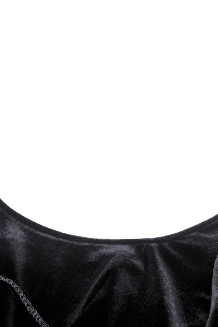 Ink Crewneck Long Puff-Sleeve Lace Hem High-Low Velvet Gothic Wedding Dress for Women