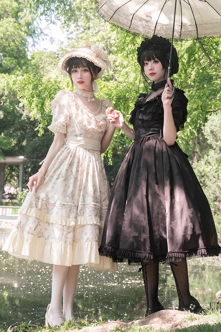 Black Daisy Print Gothic Dress with Cherry Embroidery