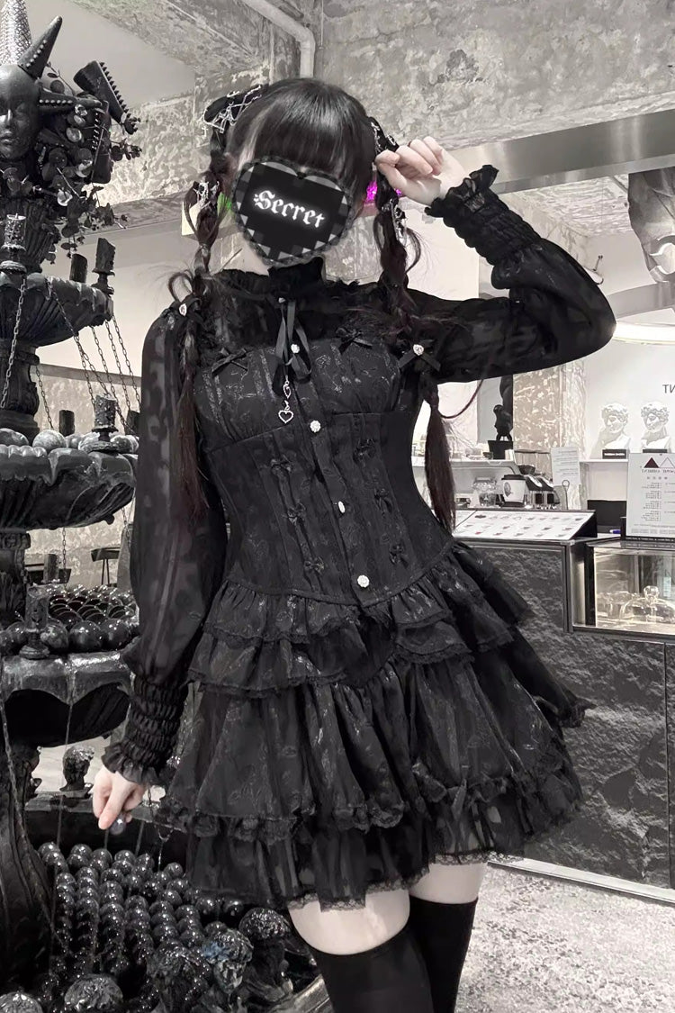 Rose Bible Gothic Jirai Kei Blouse and Shorts with Jacquard Ruffles
