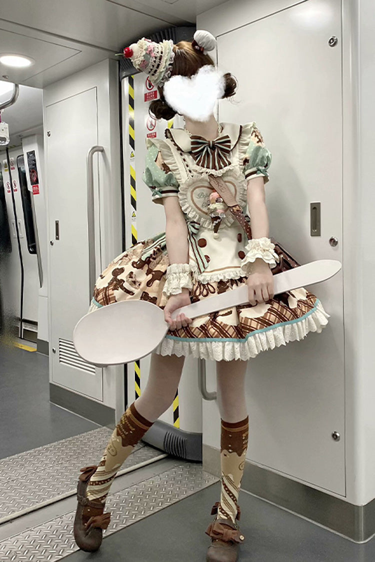 Brown Chocolate Cake Bear Print Ruffled Bow Lace-Up Sweet Dress - Peppermint Chocolate