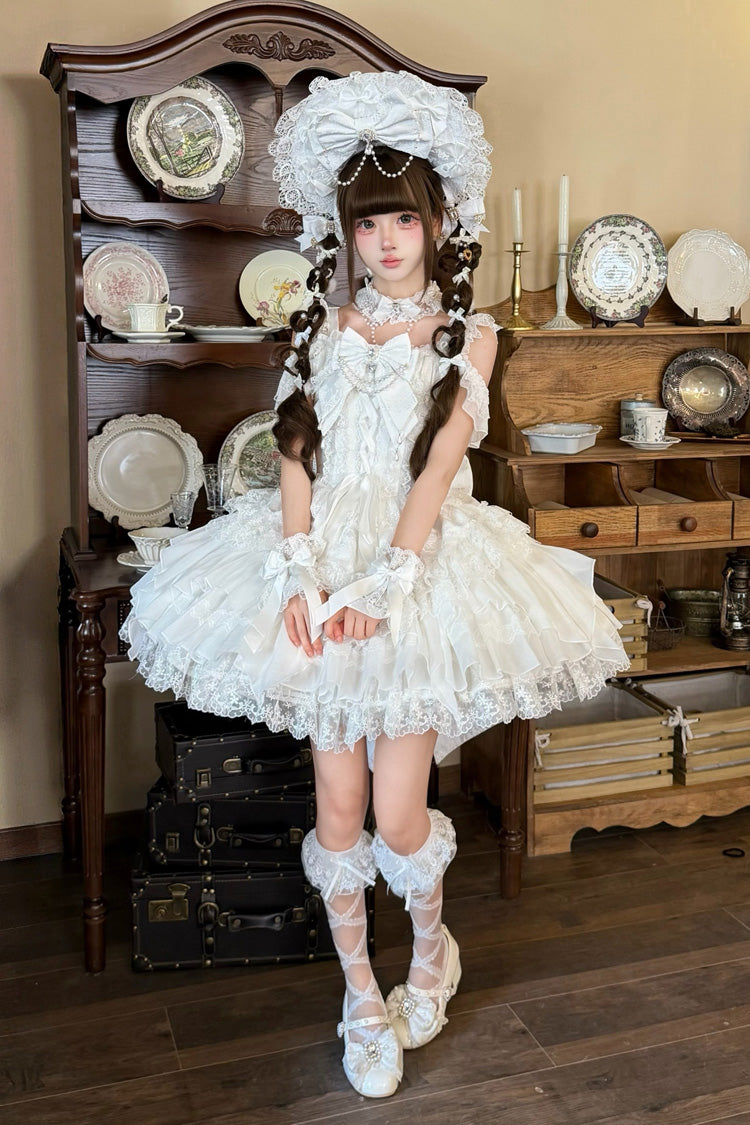 Ivory Ballet Pearl Square Neck Sleeveless Tiered Ruffle Bow Lace-Up JSK