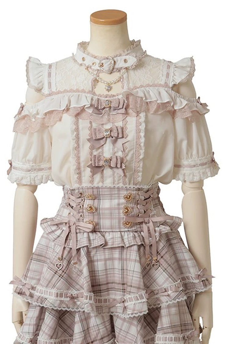 Chic Off-Shoulder Bow-Embellished Lace Blouse with Choker in Three Tones