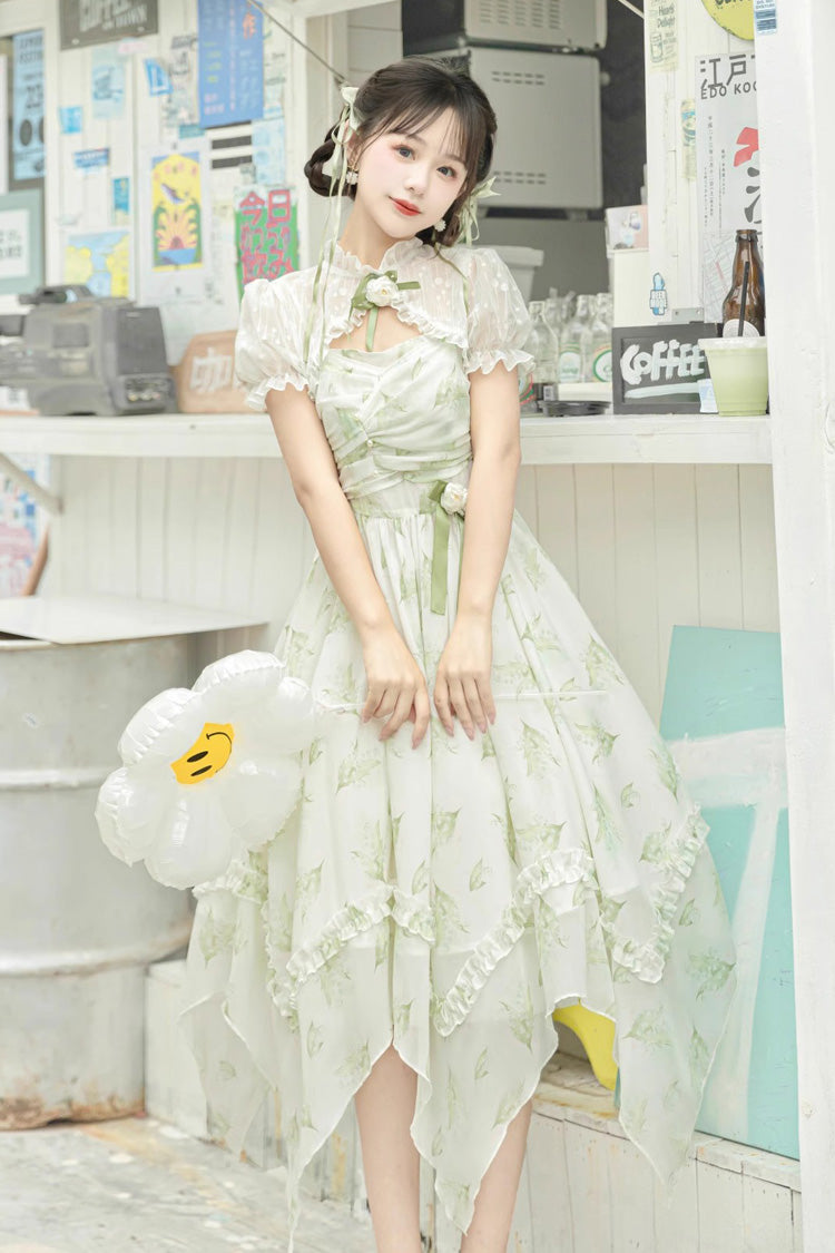 Spring Jacquard Print JSK Dress with Bowknot and Irregular Hem