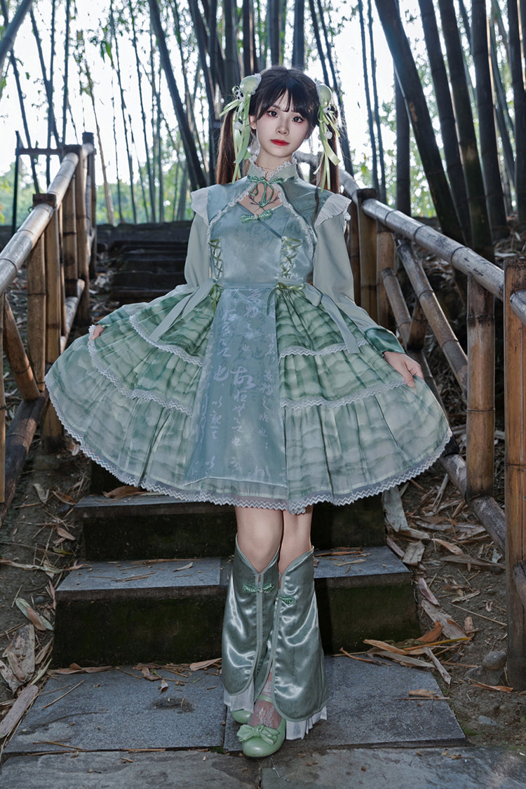 Cheongsam Ink Print Multilayer Bow Sweet Chinese Lolita Jumper Dress 2 Colors
