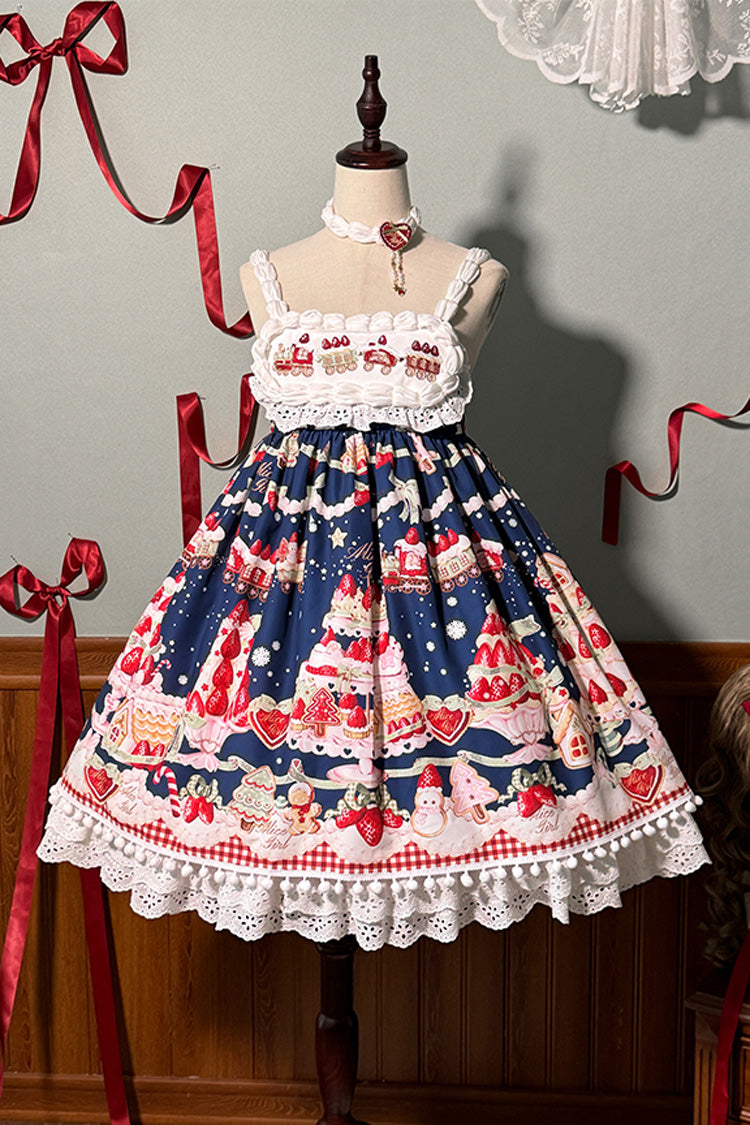 Mint Strawberry Dessert Printed High-Waisted Sweet Lolita JSK Dress - Ruffled
