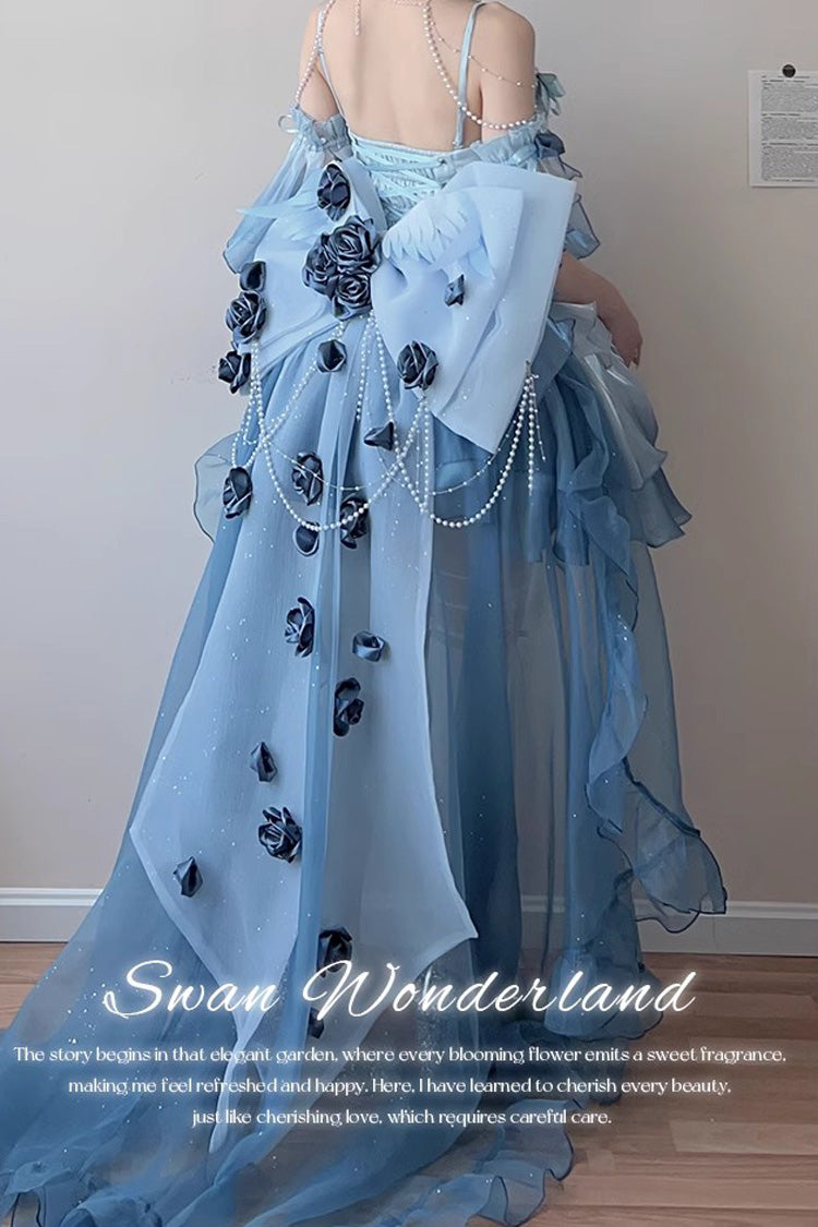 Sky Blue Swan Wonderland Embroidery Bowknot Lace-Up Ballet Jsk Dress Short