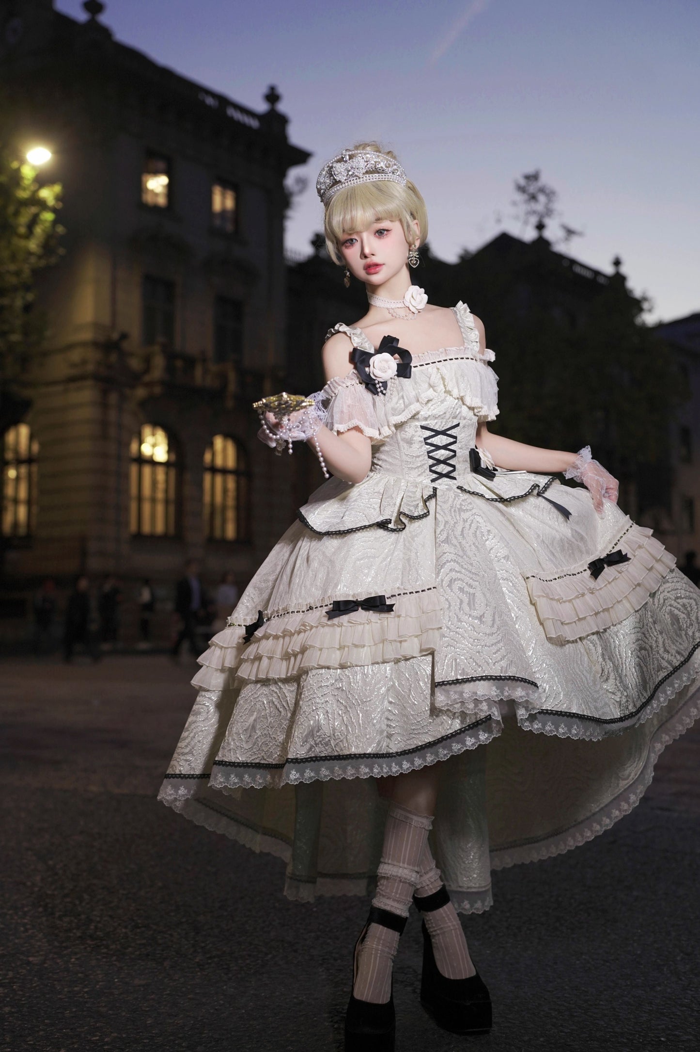 Ivory and Black Elegant Princess Lolita JSK Dress with Ruffle and Bowknot