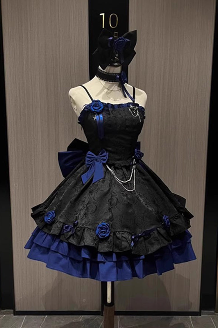 Black/Blue Print Ruffle Bow Gothic Princess Jsk Dress