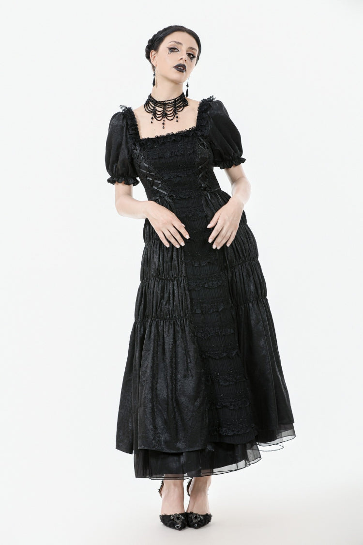 Square Collar Short Puff Sleeve Lace-Up Ruched Gothic Wedding Dress for Women Lace