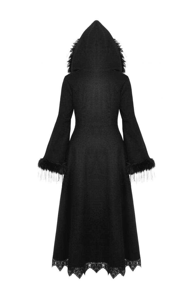 Charcoal Hooded Romantic Coat with Flared Sleeves and Buttons