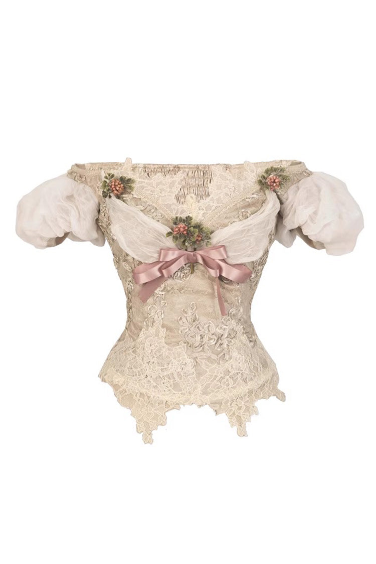 Light Brown Cupid’s Poetry Box Boat Neck Short Puff Sleeves Ruffled Cut-Out Embroidered Bow Lace Gothic Elegant Lolita Skirt Dress and Top Set