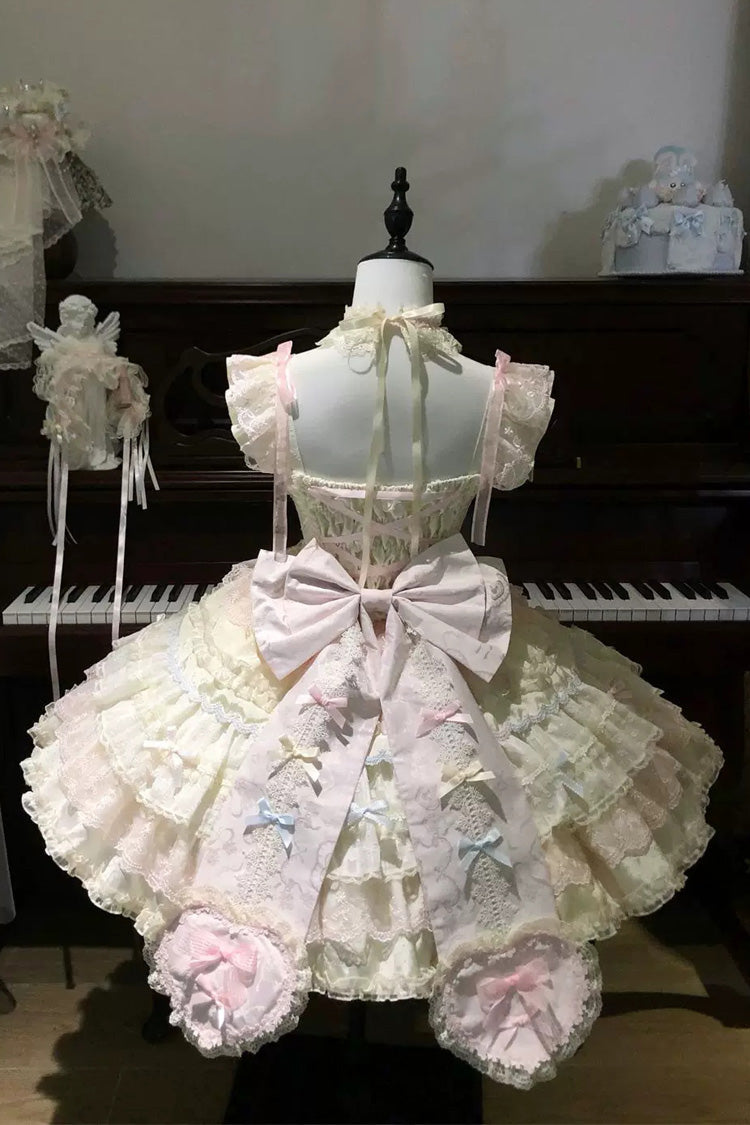 Sweet Lolita JSK Dress with Square Collar and Ruffled Bow - Apricot/Pink