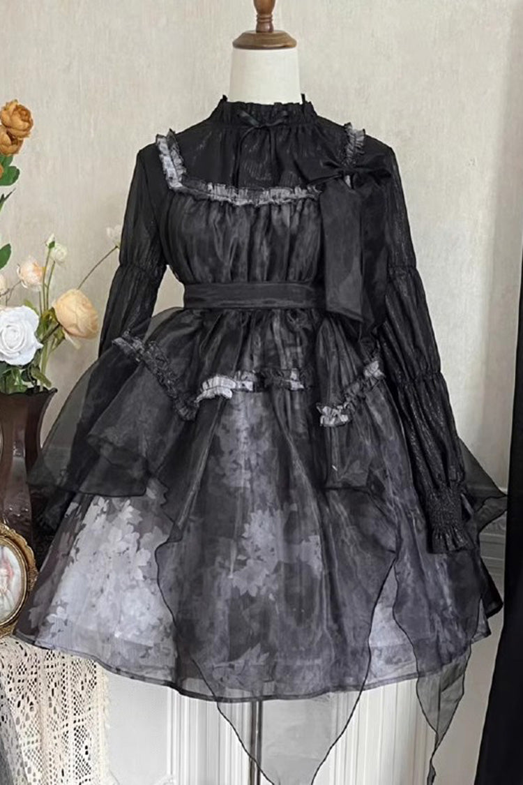 Black Mandarin Collar High-Waist Dead Leaf Print Tulle Gothic Lolita JSK