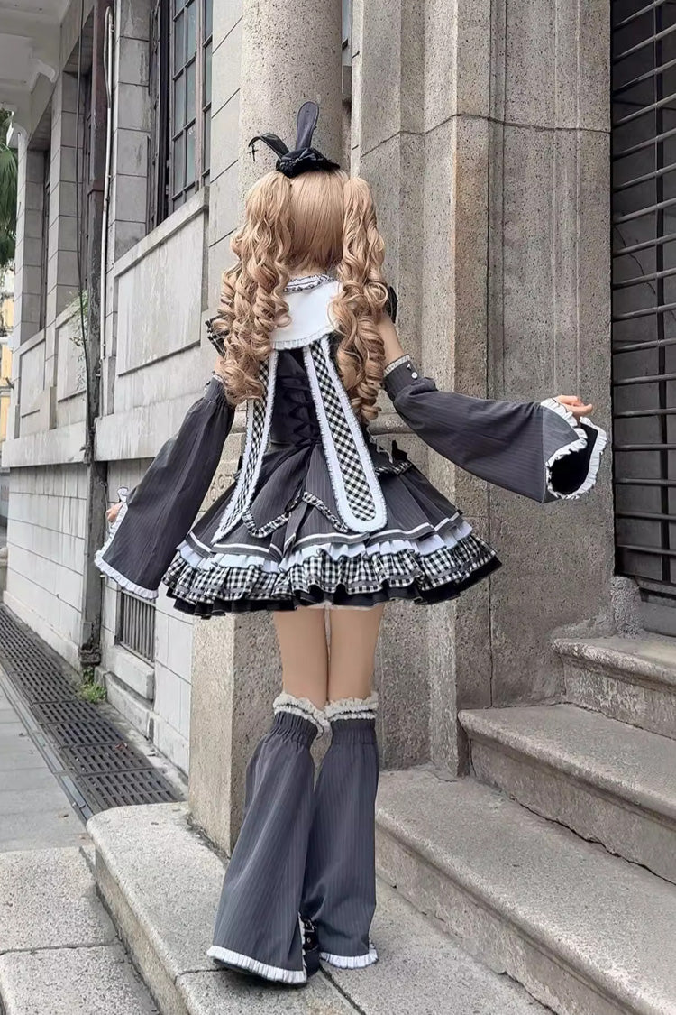 Detachable Hime Sleeve Printed Ruffled Bow Lace-Up Gothic Lolita Set