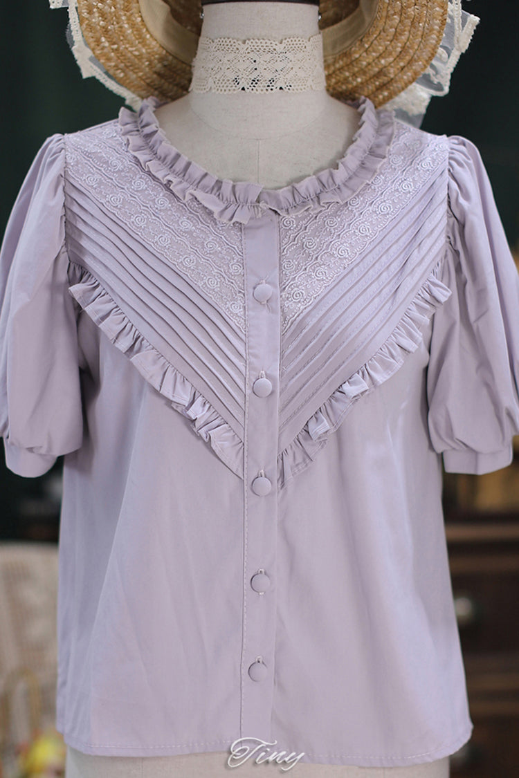 Sweet Lolita Blouse with Lace Collar, Short Sleeves, Waves