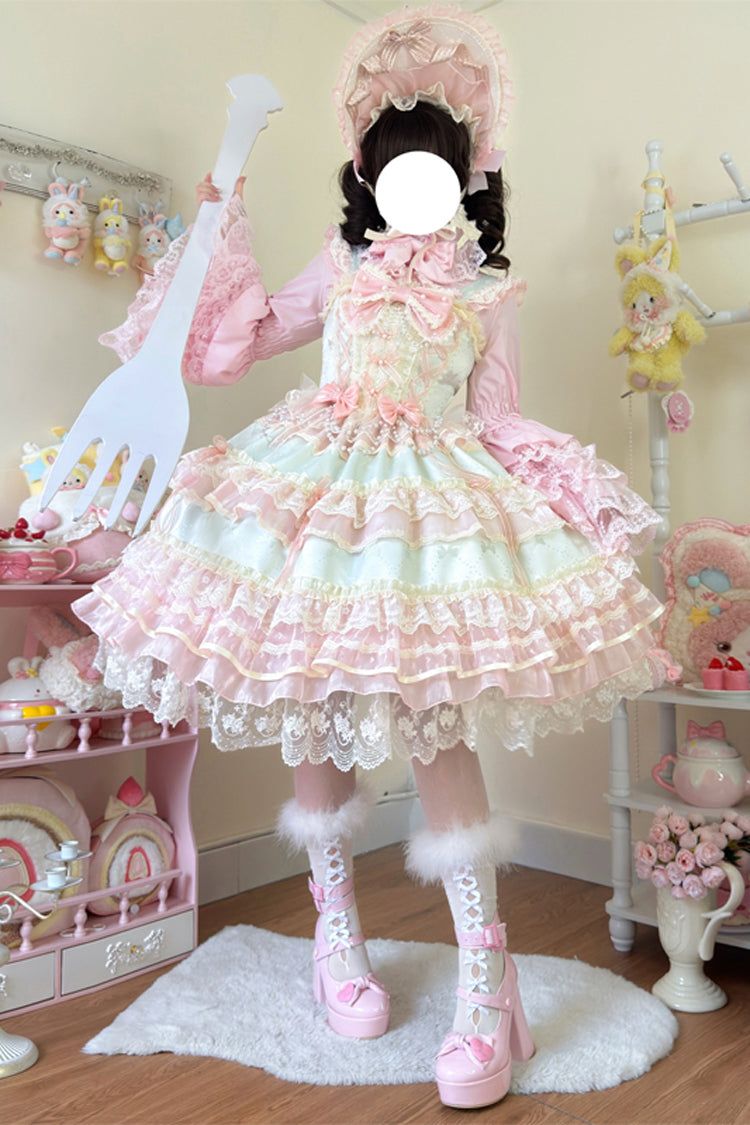 Sweet Lace JSK Dress with Ruffle Bow in Green