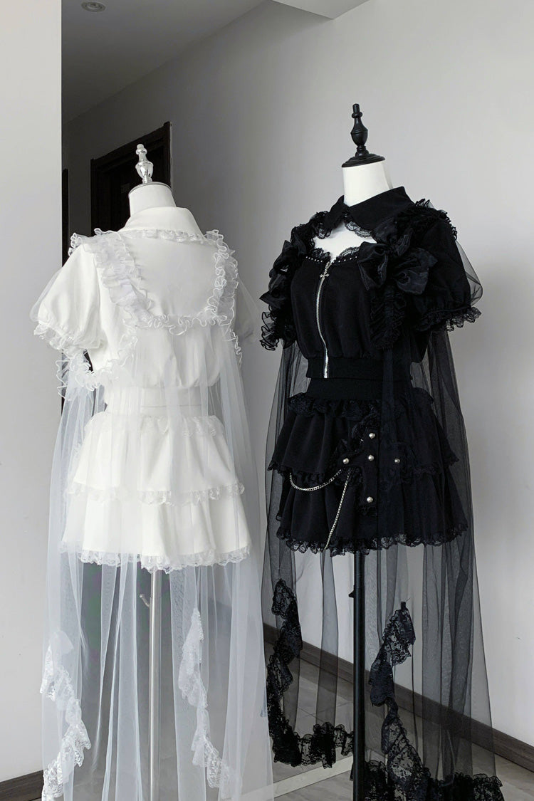 Gothic Layered Lace Zip Chain Skirt Set with Short Sleeves - Song of Atonement
