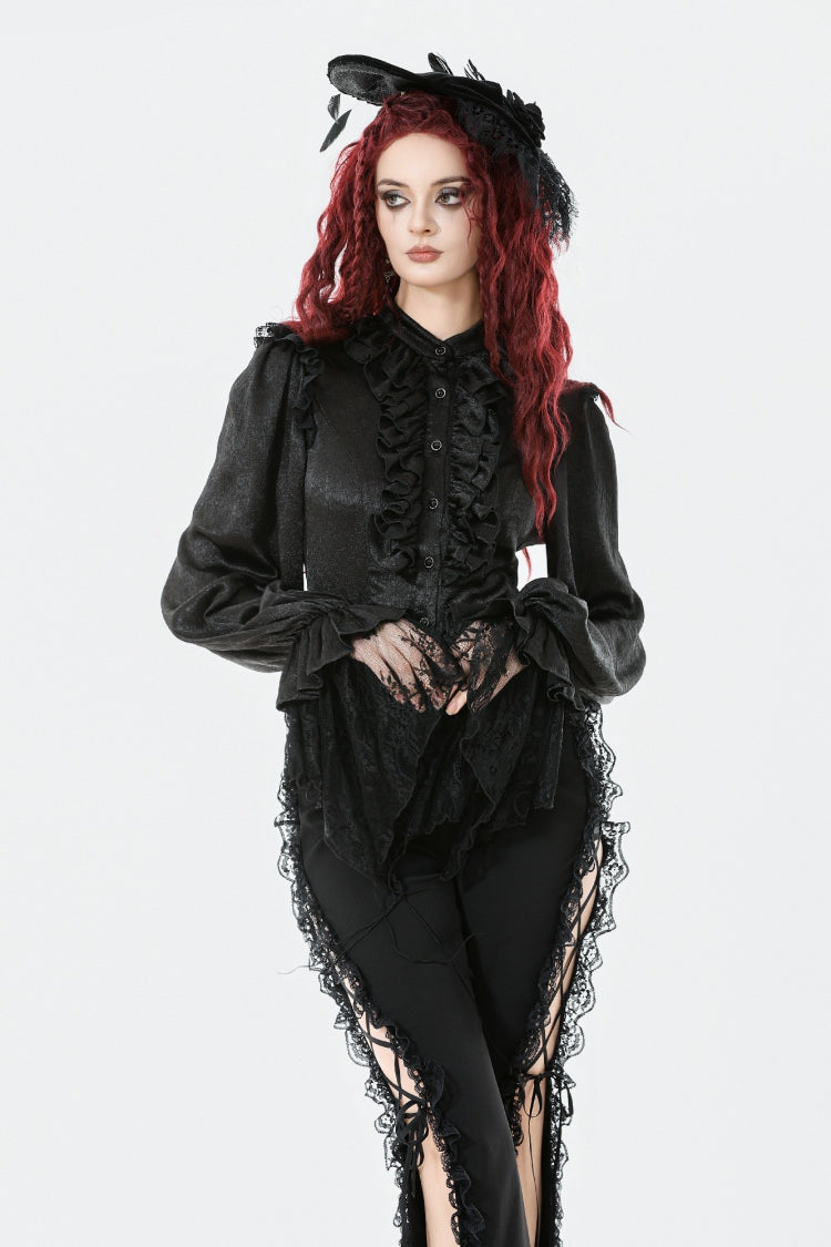 Jet-Black Gothic Blouse with Lantern Sleeves and Ruffled Lace