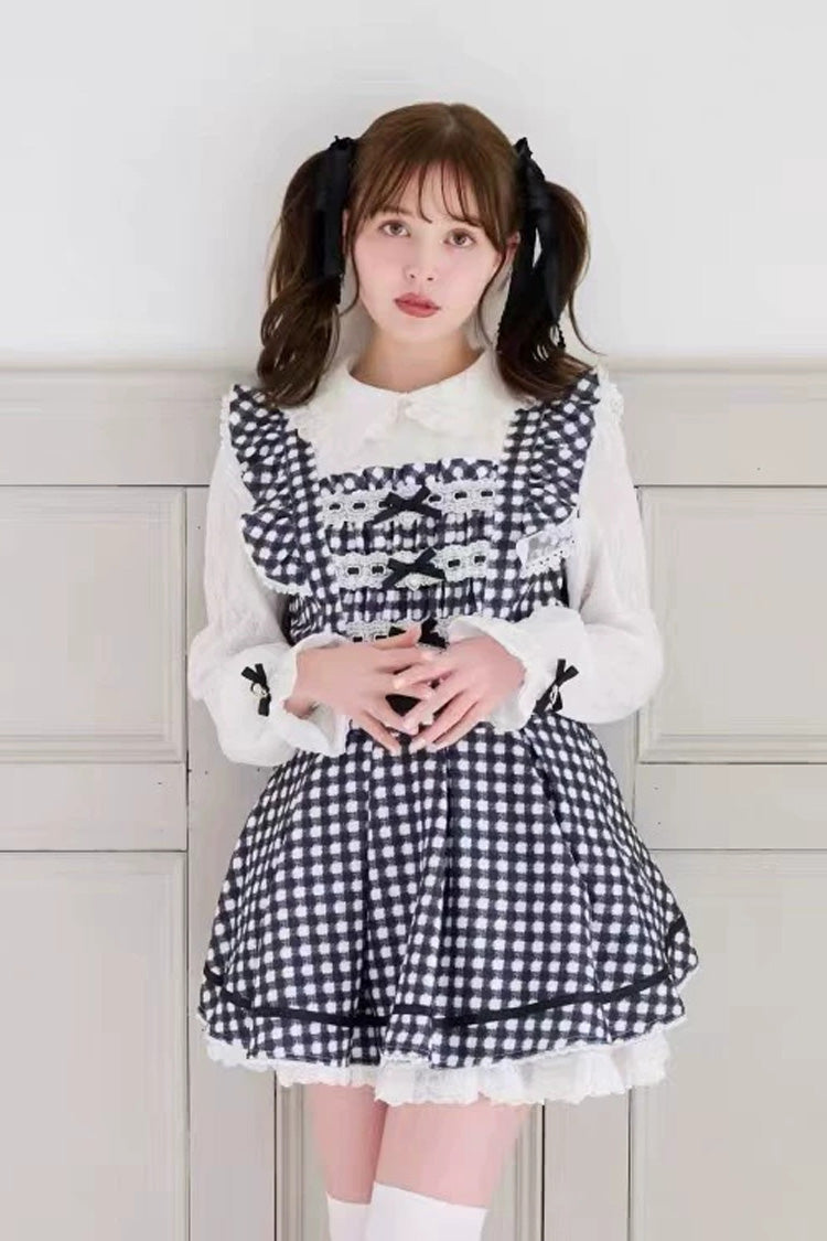 Lapel Collar Plaid Print Bow Plus Size Jirai Dress and Shorts Set in Three Colors