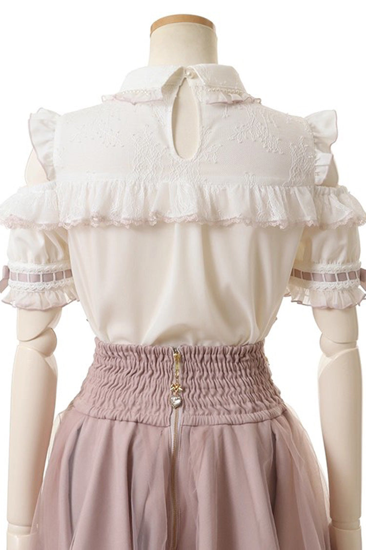 Lapel Off-Shoulder Bow Blouse - Pearl Jirai Kei