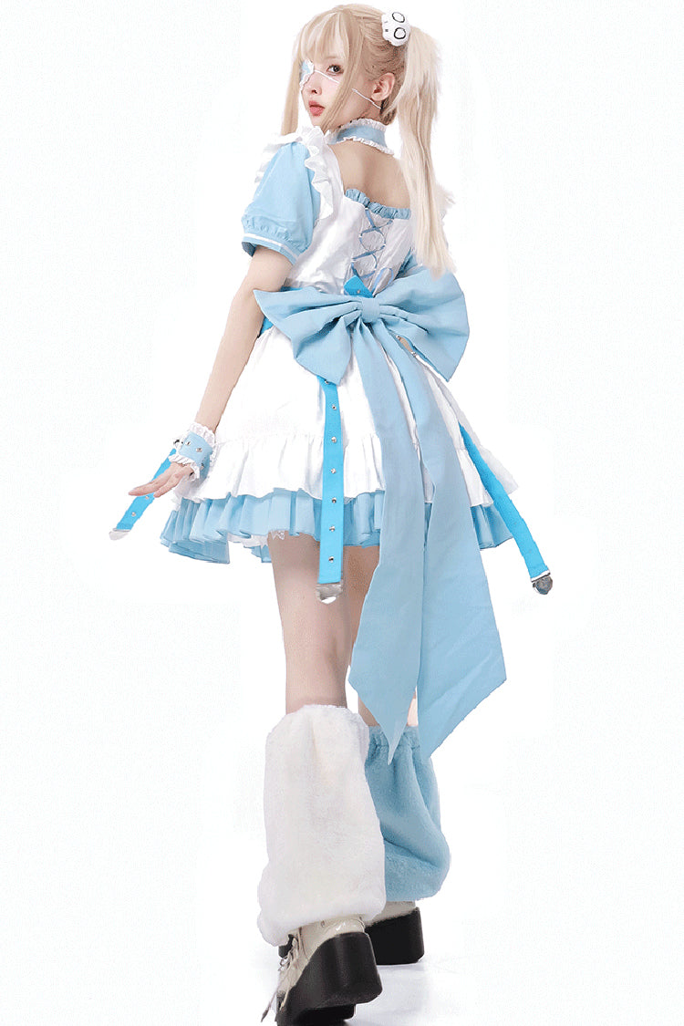 White/Blue [Treatment Room] Short Sleeve Ruffle Embroidery Jirai Kei Gown Set