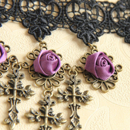 Gothic Lolita Retro Wedding Purple Rose Cross Black Lace Armband Bracelet