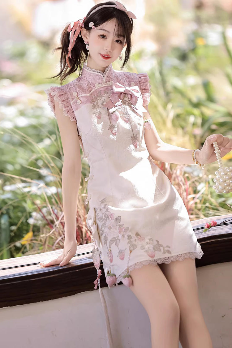 Ivory and Pink Spring Strawberry Stand Collar Ruffled Embroidered Lace Color-Blocked Chinese Sweet Lolita Cheongsam