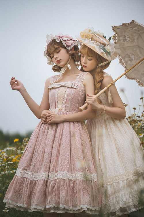Vintage Blush Solid Multi-Layer Embroidered Ruffled Sweet JSK Dress