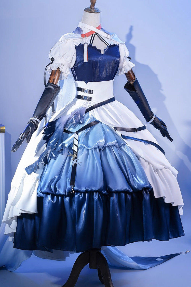 Blue/White Arknights Short Puff Sleeves Ruffle Cardigan Asymmetric Classic Anime Cosplay Lolita Dress Set