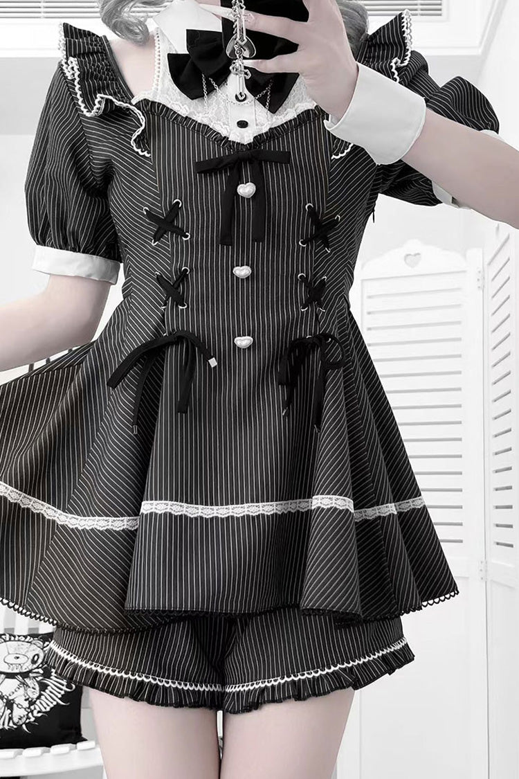Black Roman Strings Striped Bow Lace-Up Gothic Plus-Size Dress