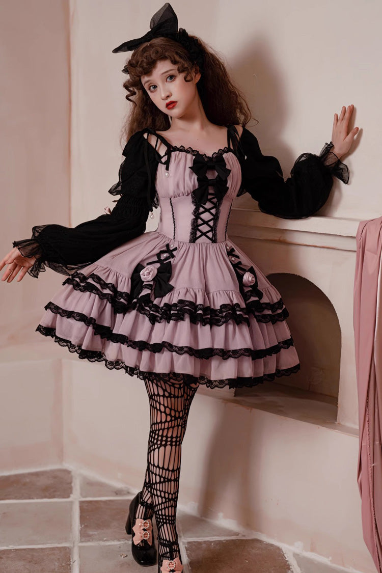 Purple Black Layered Ruffled Bow Sweet Lolita Long Sleeve Dress