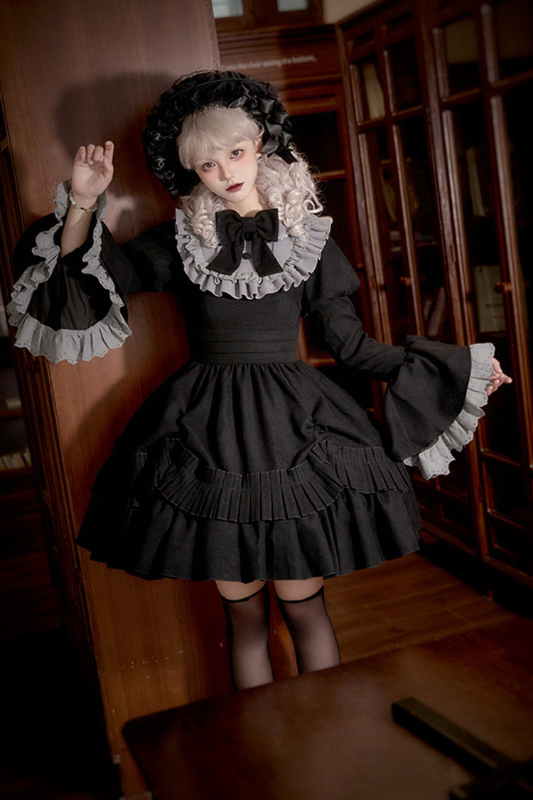 Long Hime-Sleeve Ruffled Bow Gothic Dress in Black