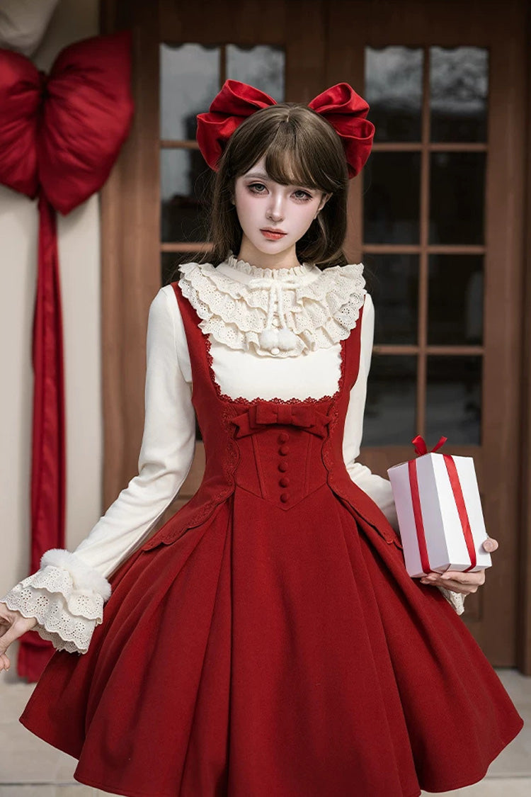 Classic Elegant Lolita Bandeau Dress with Embroidered Bow - Red