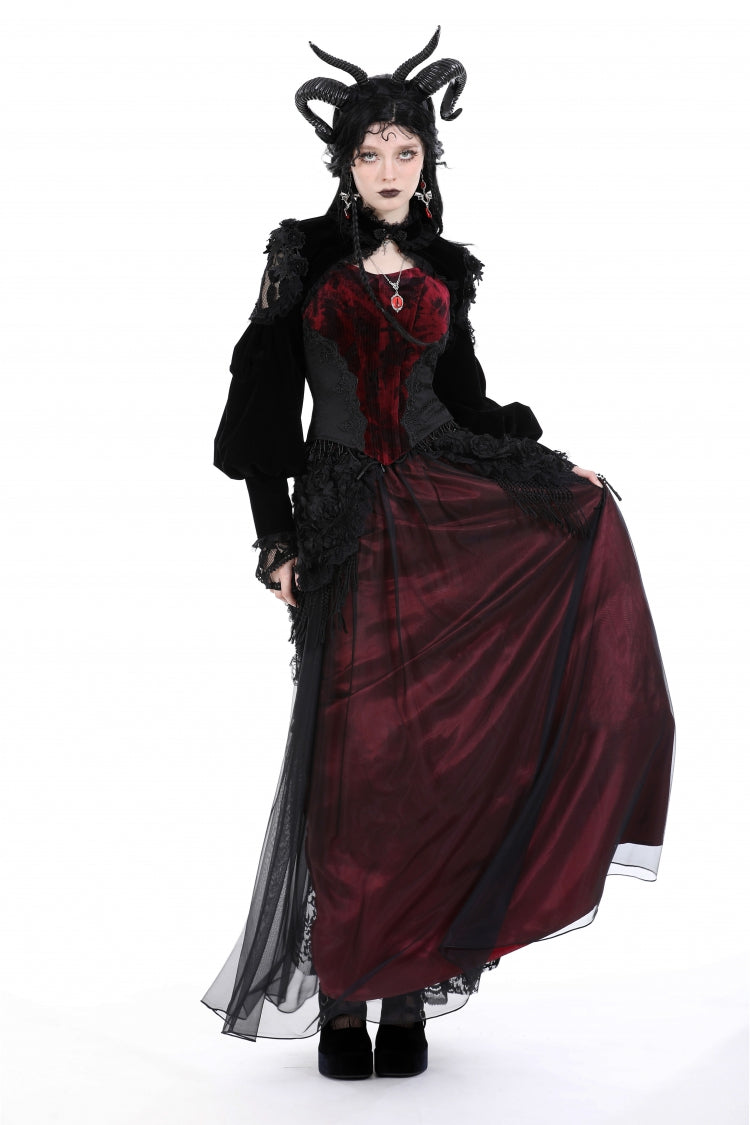 Jet-Black Gothic Cape with Velvet Panels and Lantern Sleeves