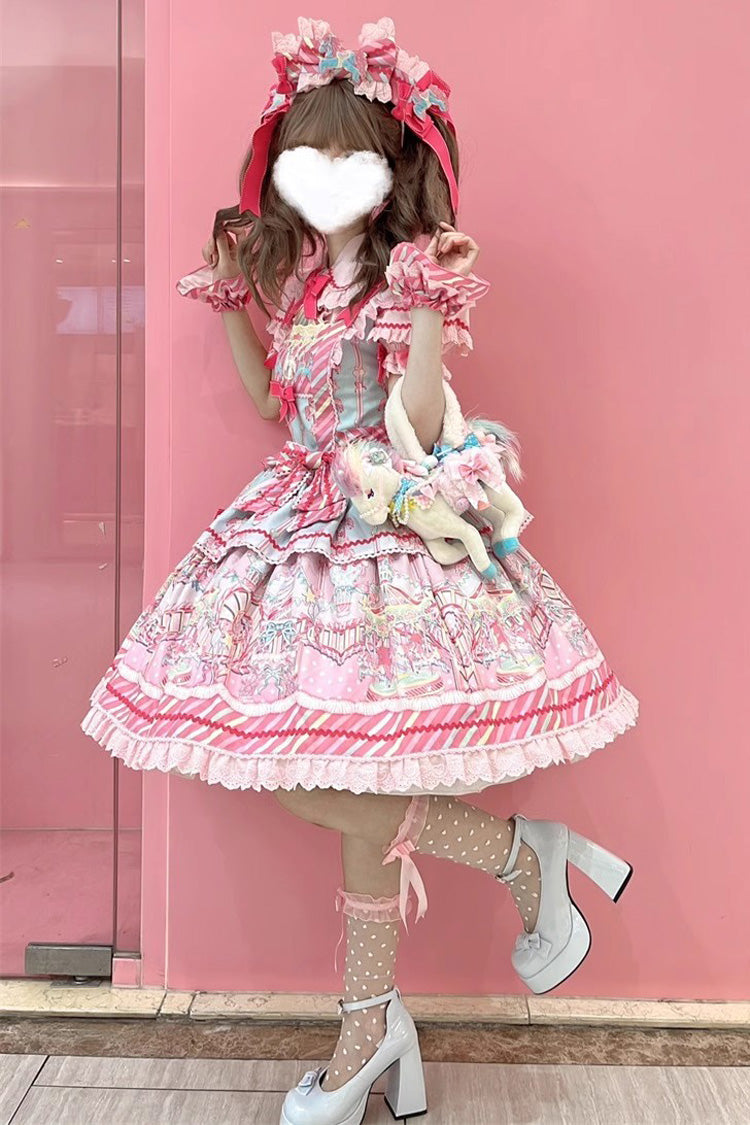 Blue Pink Sweet Lolita JSK Dress with Bowknot Ruffled Print - Candy Park