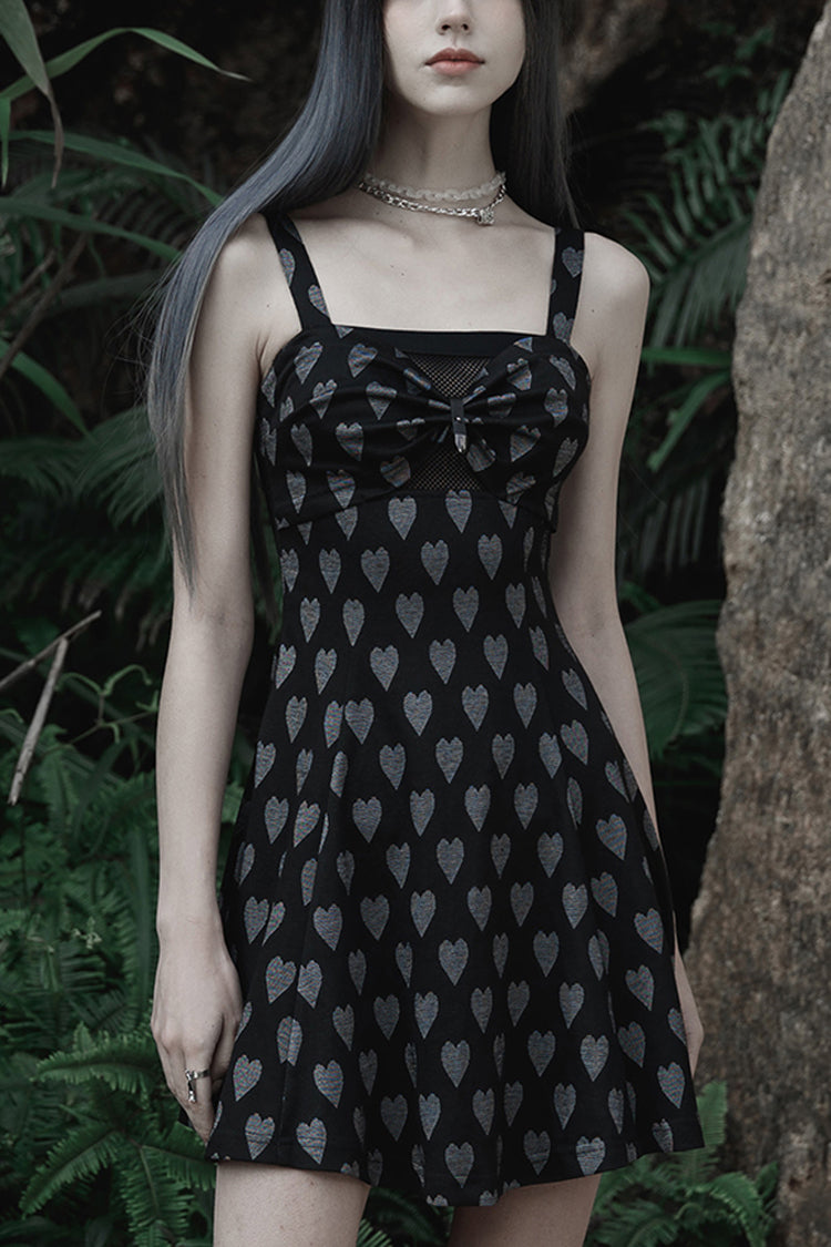 Heart Print Suspender Hollow Mesh PU Buckle Bow Dress - Punk