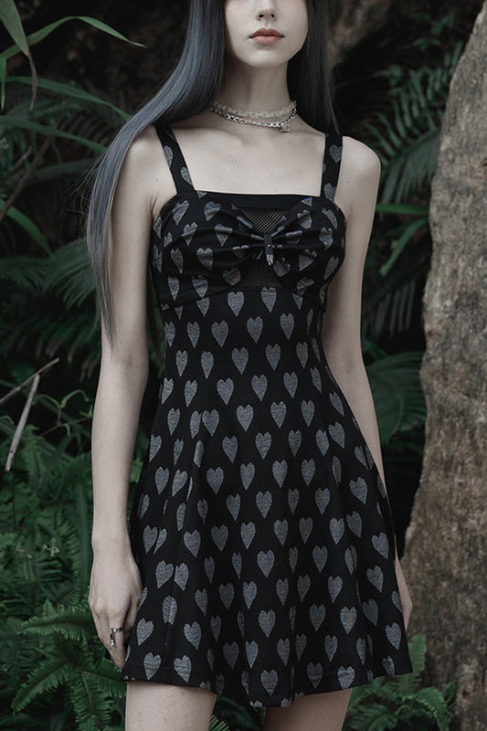 Heart Print Suspender Hollow Mesh PU Buckle Bow Dress - Punk