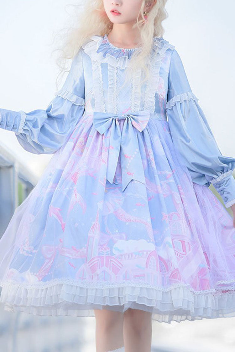 Sky Blue Dreamy Deep Sea Bowknot Long Sleeve Sweet Lolita OP Dress